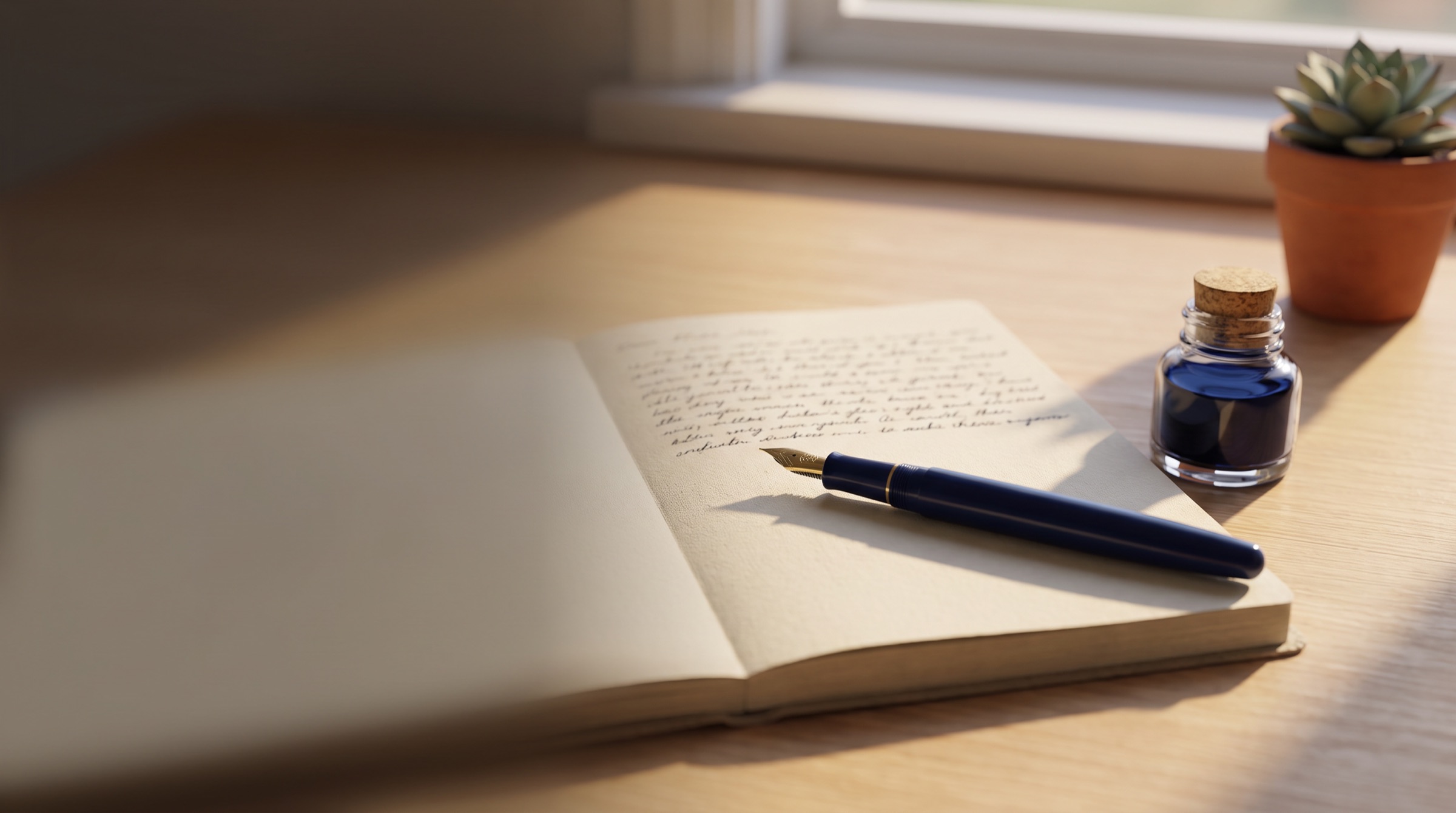 A navy fountain pen resting on an open handwritten journal beside a bottle of blue ink in warm window light